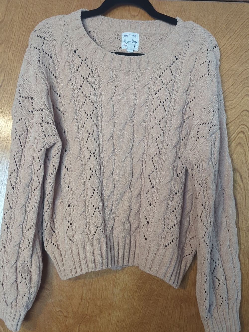 Hippie Rose Blush Taupe Open-Knit Cable Crewneck Sweater